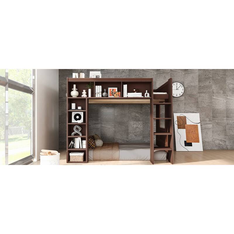 Roomfitters Queen Size Loft Bed with Storage Cabinets and Bookshelves