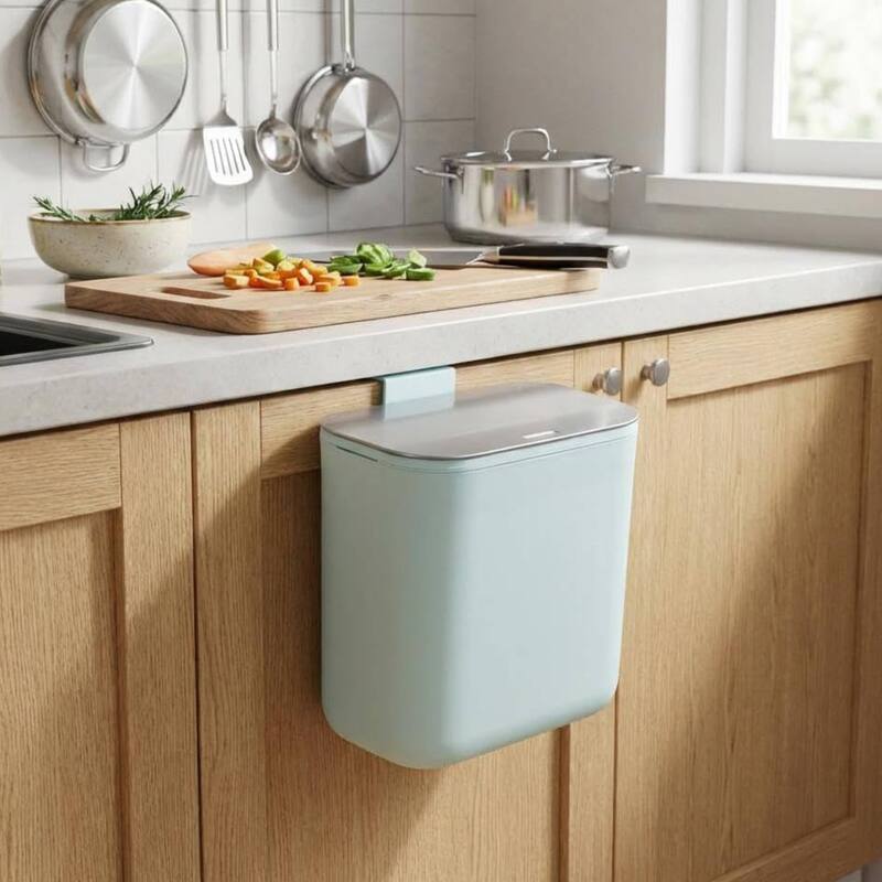 2.38 Gallon Compost Bin Hanging Trash Can with Stainless Steel Lid for Kitchen、Bathroom - Green