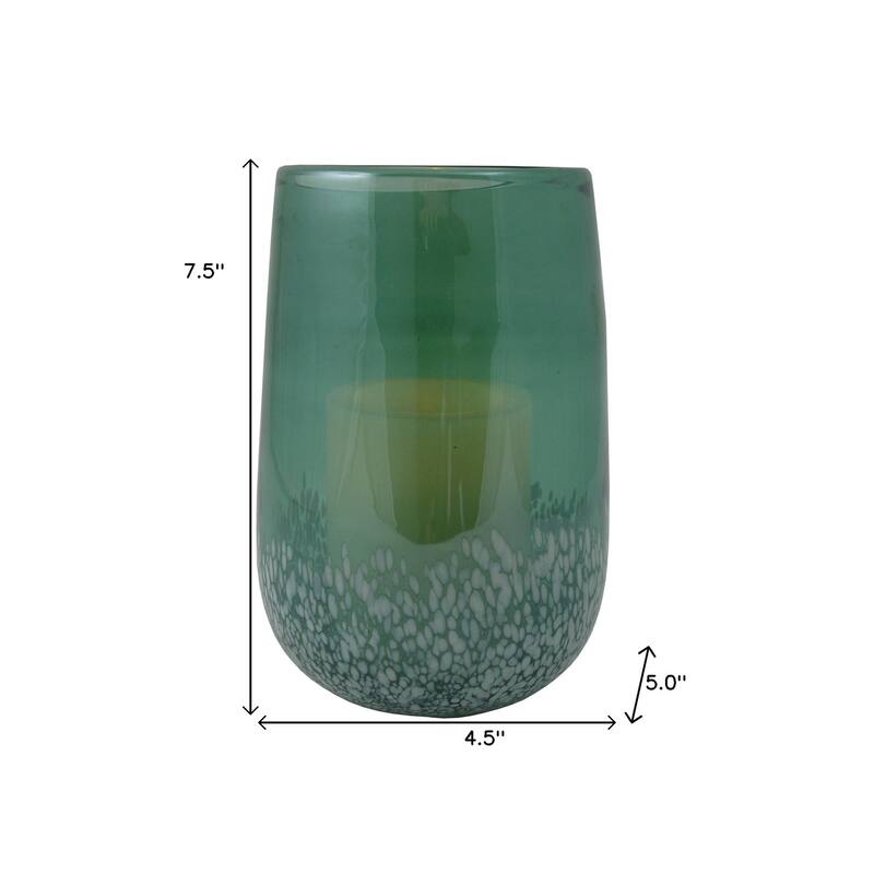 8" Green and White Glass Tabletop Hurricane Candle Holder With Candle