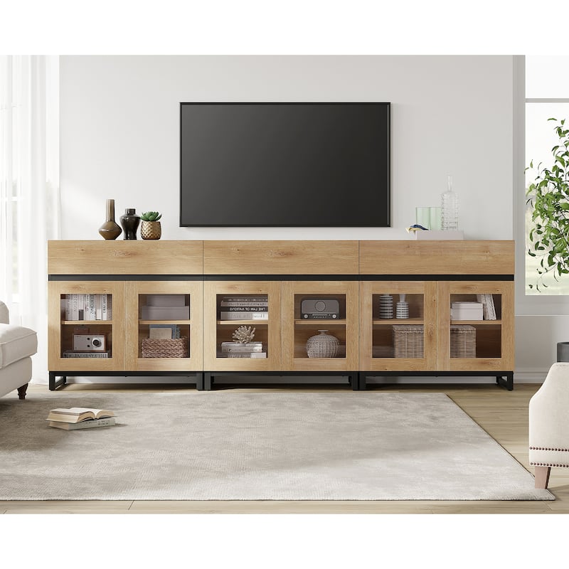 WAMPAT Modern TV Stand with Glass Doors for 110 inch TVs, Entertainment Center Console with 3 Drawers and Metal Base - 94.5 Inch - Oak