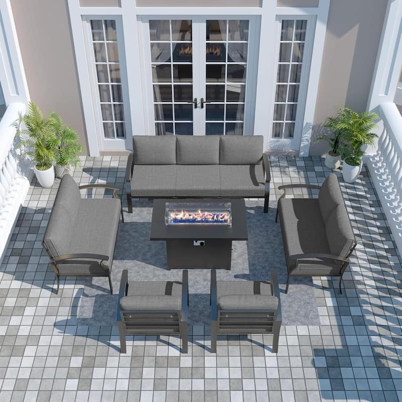 Aluminum Patio Furniture Set with FirePit Ottomans Swivel Chairs,Sectional Sofa with Thick Seat Cushions for Porch Garden
