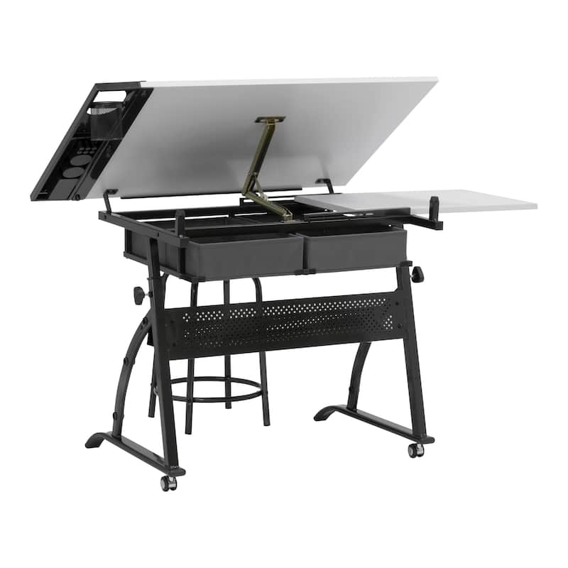 Core Craft Center, 2 piece Drawing, Drafting and Craft Table with Stool, Gunmetal-Gray/White