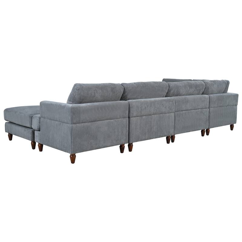 L Shaped Modular Sectional Sofa with Ottoman, Corduroy Upholstered Sleeper Sofa Bed, Corner Sectional Couch with Wooden Legs