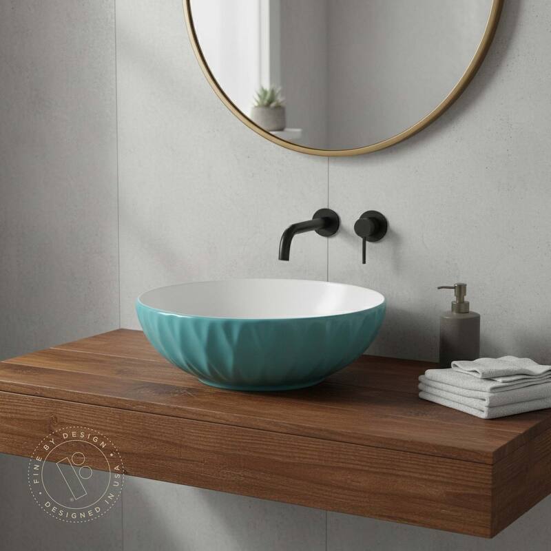 16 inch Round Ceramic Vessel Bathroom Sink - Modern Textured Bowl Design - 16" Round - Mist Blue