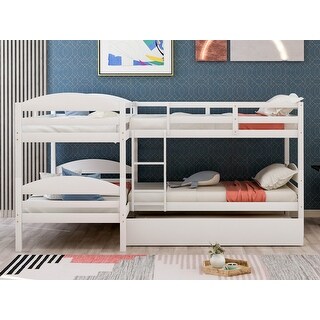 Versatility Twin L-Shaped Wood Bunk Kids Bed with Trundle,Guardrails