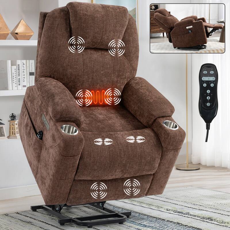 Chenille Power Lift Recliner Massage Chair: 8-Point Vibration Massage, Lumbar Heating, Dual USB Ports, Cup Holders - Brown
