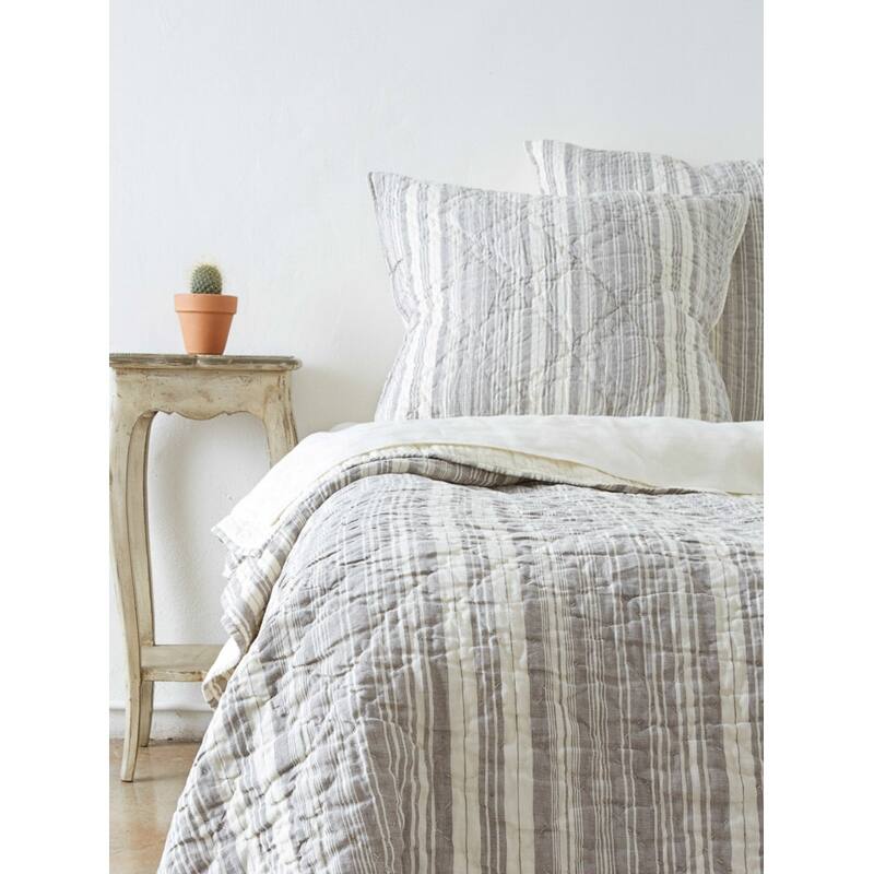Allen Cotton/Linen Grey Striped Quilt Set - Queen