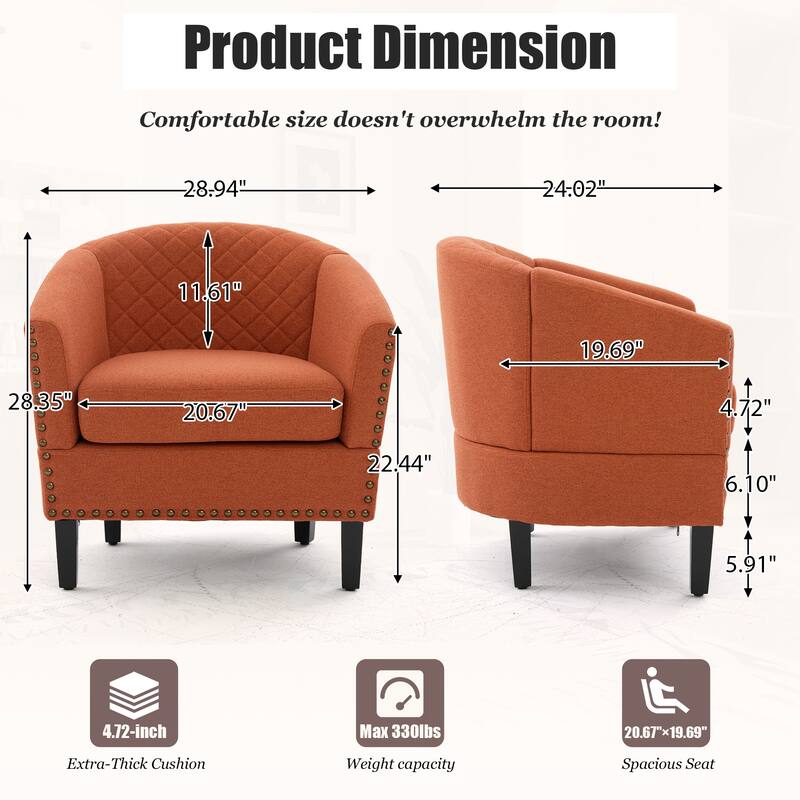 HOMEFUN Leather Upholstered Nailhead Wooden Frame Barrel Club Chair with Solid Woood Legs