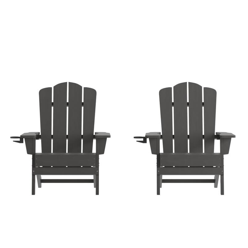 Set of 2 Commercial All-Weather Adirondack Chairs with Cupholders