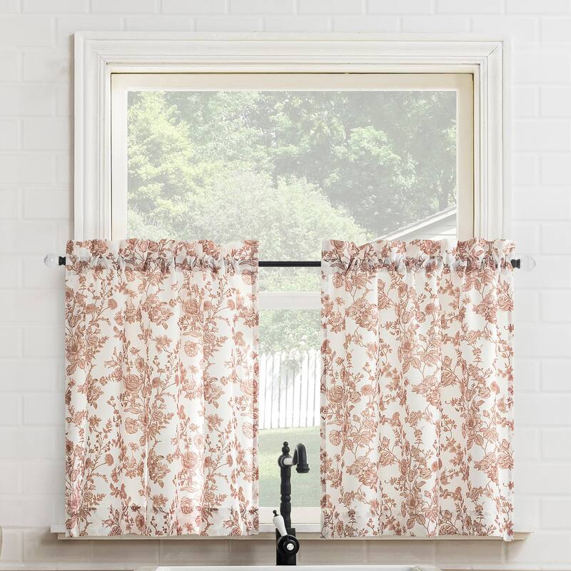 No. 918 Elara 2-pack Tonal Botanical Semi-Sheer Rod Pocket 2-Piece Kitchen Curtain Tier Pair - 54" x 36" - Blush Pink