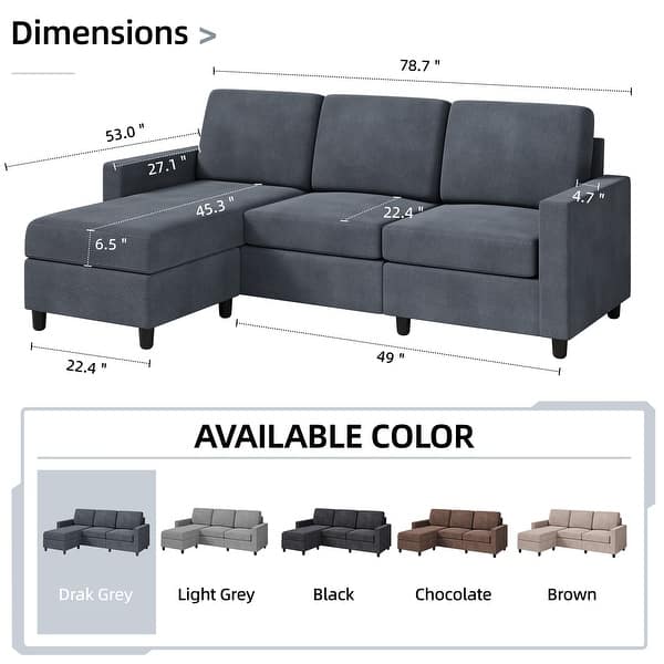 dimension image slide 7 of 6, Futzca Modern L-shaped Convertible Sectional Sofa w/ Reversible Chaise
