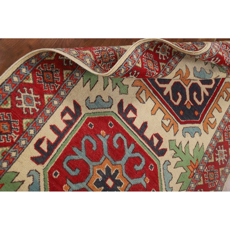 Geometric Kazak Runner Rug Hand-Knotted Wool Carpet - 3'3" x 7'2"