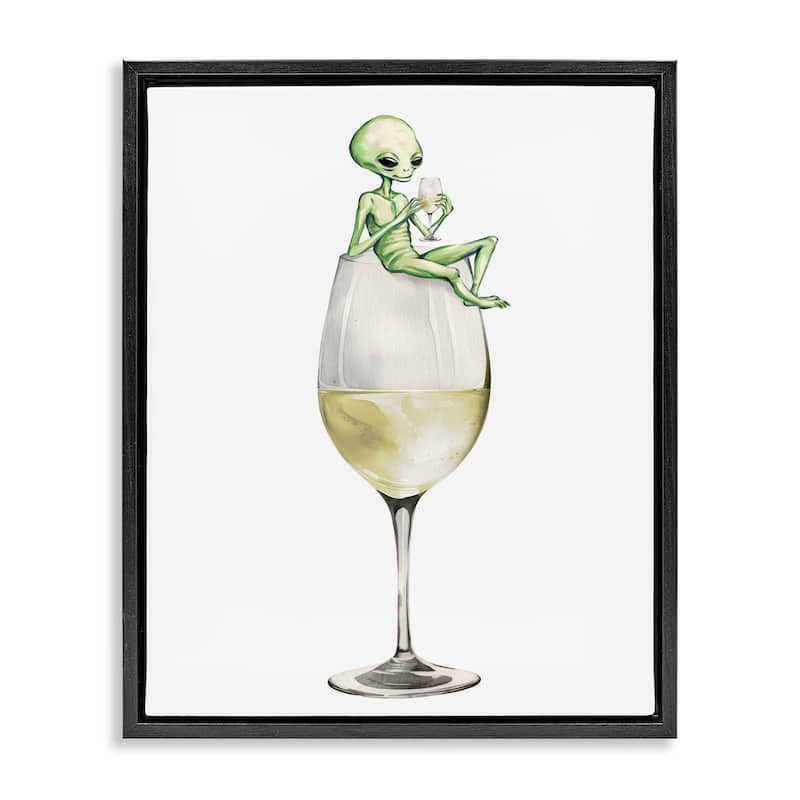 Stupell Alien Perched on Champagne Glass Framed Floater Canvas Wall Art Design By Lil' Rue - 17 x 21 - Black