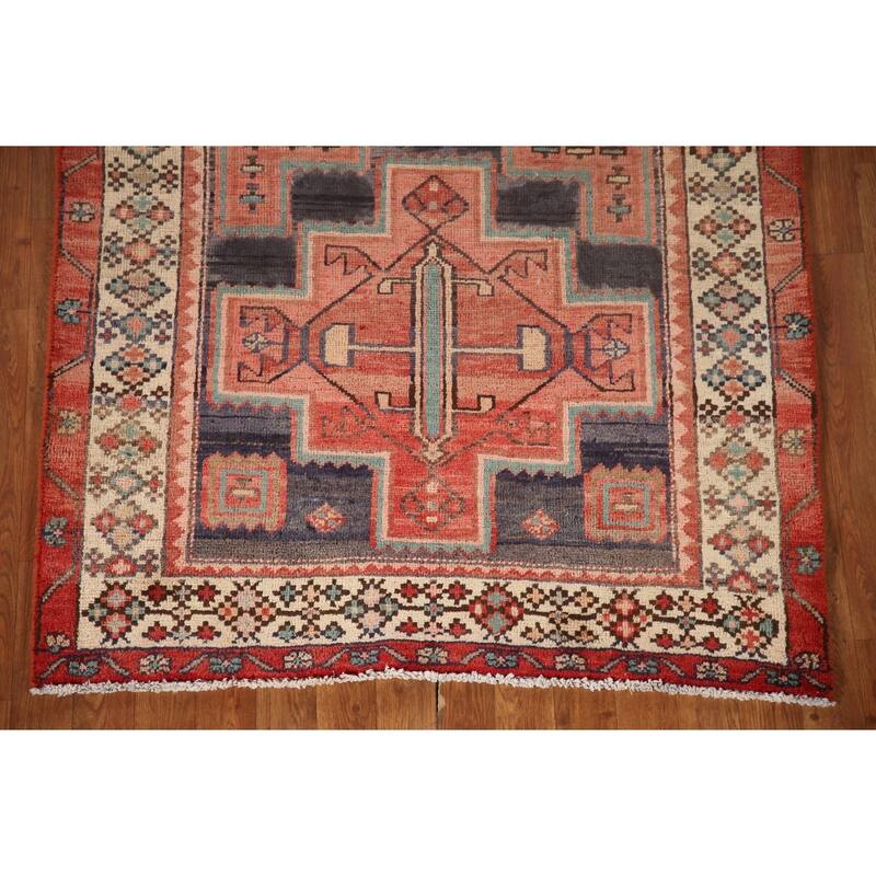 Geometric Pink Ardebil Persian Vintage Runner Rug Handmade Wool Carpet - 3'9"x 10'0"