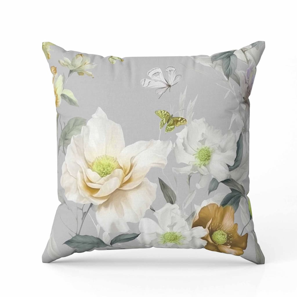 Leafy Lepidoptera Medley Faux Suede Reversible Throw Pillow Grey and Gold