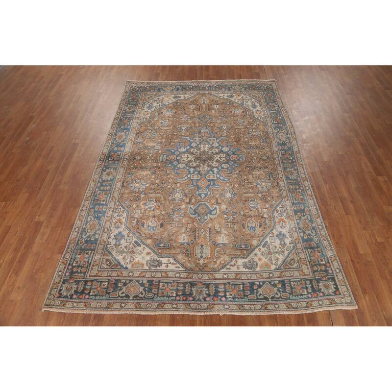 Brown Tabriz Persian Area Rug Hand-Knotted Geometric Wool Carpet - 6'5"x 9'8"