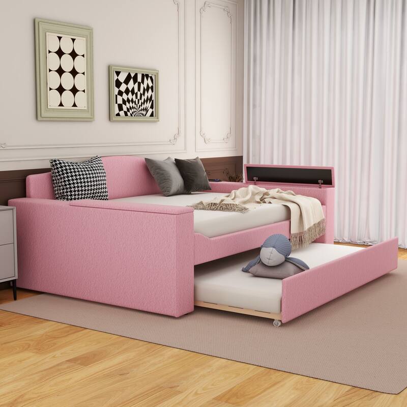 Sofa bed with storage arms, trundle bed and Bluetooth stereo