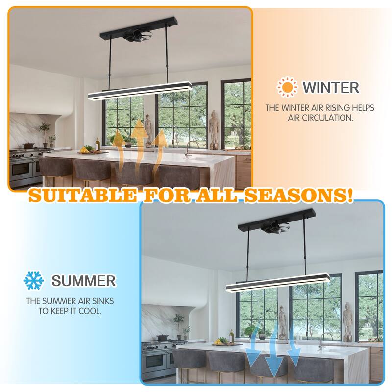 Cusp Barn 40 Inch Modern Ceiling Fan with LED Light, Black Pendant Lighting, Linear Hanging Lamp Chandelier for Dining Room