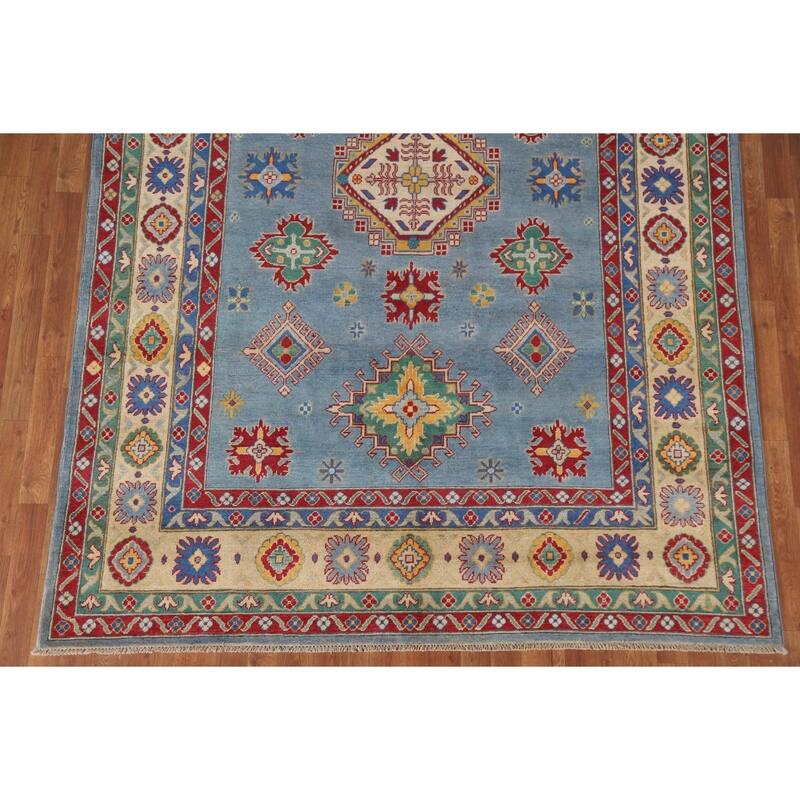 Hand Knotted Oriental 100% Wool Carpet Traditional Geometric Navy Blue & Blues Kazak Area Rug - 9' 6'' X 6' 8''