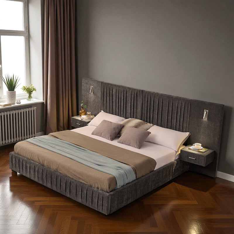 King Upholstered Platform Bed with Pleated Chenille Headboard, Built-in Bedside Table & Adjustable Lamps, No Box Spring