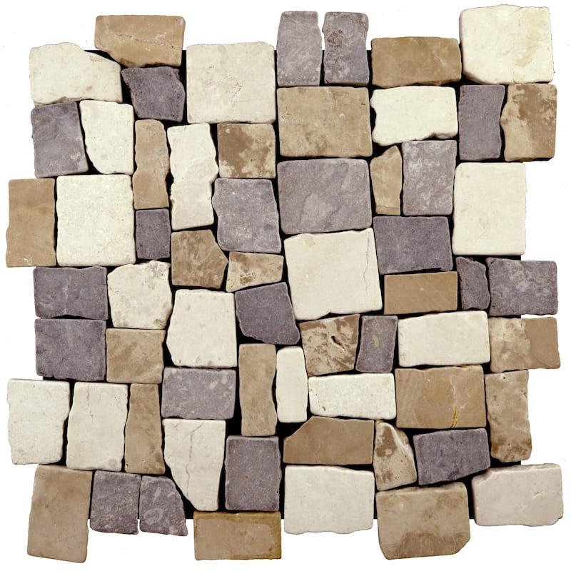 Block Mosaic 11 in. x 11 in. Marble Mesh-Mounted Mosaic Wall and Floor Tile - Tan, Off-White, & Grey - 11 in. x 11 in.