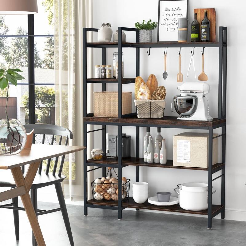 4-Tier Rustic Brown Baker’s Rack with S-Shape Hooks