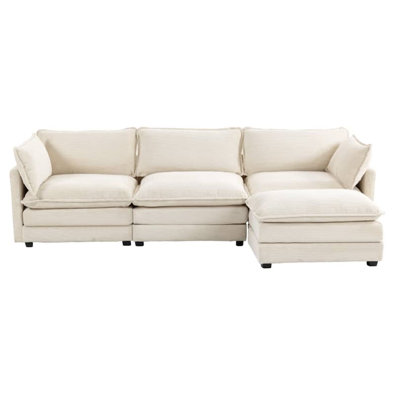 Corduroy Sectional Sofa with Removable Ottomans & Ultra-soft Cushions for Living Room & Bedroom - 3 Seats with 1 Ottoman - Beige