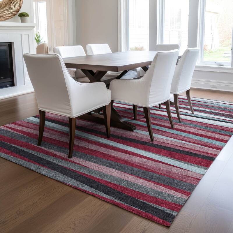 Machine Washable Indoor/ Outdoor Modern Stripes Chantille Rug