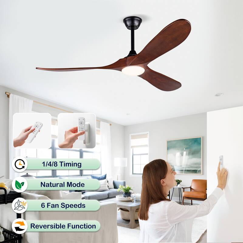 52 Inch Black Ceiling Fans With lights and Remote Control,18W Led Light, 3 Solid Wood Blades