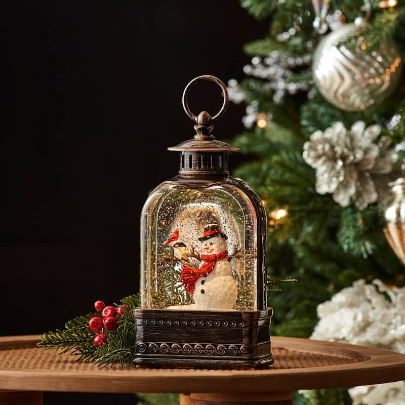 LED Lighted Snowman and Cardinal Christmas Snow Globe Lantern - 9.75"
