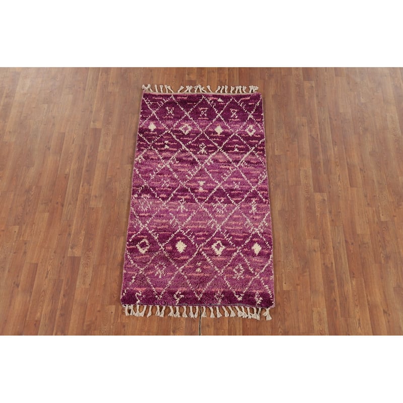 Purple Trellis Plush Moroccan Accent Rug Handmade Wool Carpet - 3'0" x 5'7"