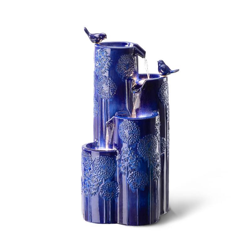 Glitzhome 31.75"H 4-Tier LED Vase-Shaped Ceramic Outdoor Floor Fountain with Birds/ Lotus