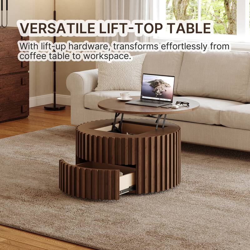 31.5'' Lifting Top Round Coffee Table, Wood Coffee Table, Mid-century Modern Walnut Color Coffee Table, Not Assembled Need