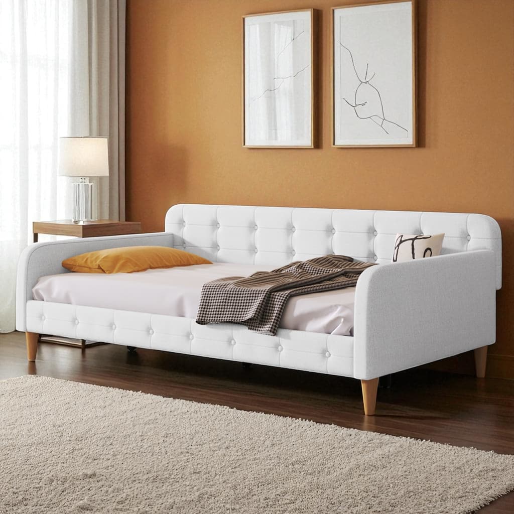 Twin Size Upholstered Daybed with Linen Fabric, Solid Wood Frame, No Box Spring Needed, 400 lb Capacity