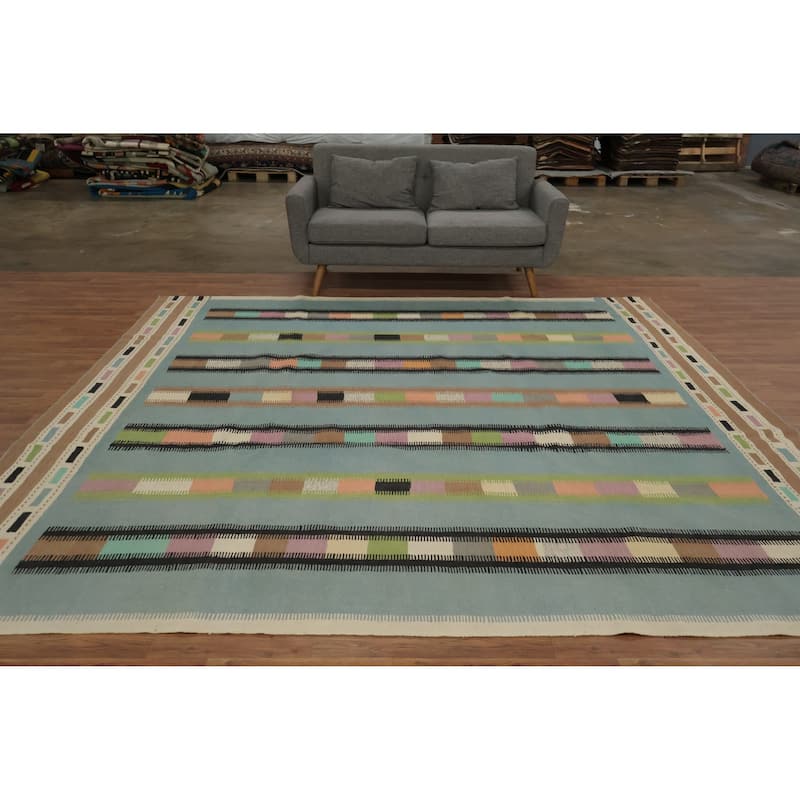 Hand Woven Oriental 100% Wool Carpet Southwestern Modern Navy Blue & Blues Kilim Area Rug - 9' 10'' X 9' 6''