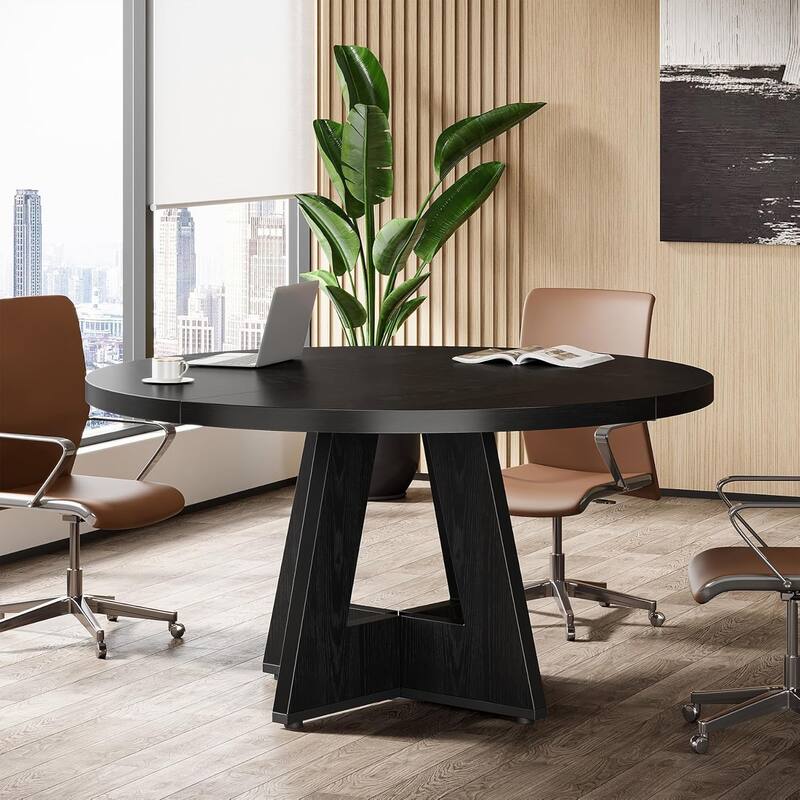 47" Round Conference Table Meeting Room Table with Thickened Top Wood Base Modern Training Desk for Conference/Seminar Room - Black