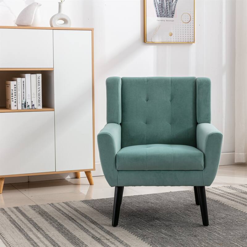 Mint Green Velvet Modern 29.53" Upholstered Buttons Tufted Accent Chair with Black Solid Wood Legs