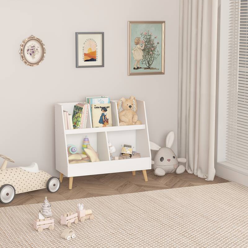 White Free Standing 5 Cubbies Wooden Open Bookcase