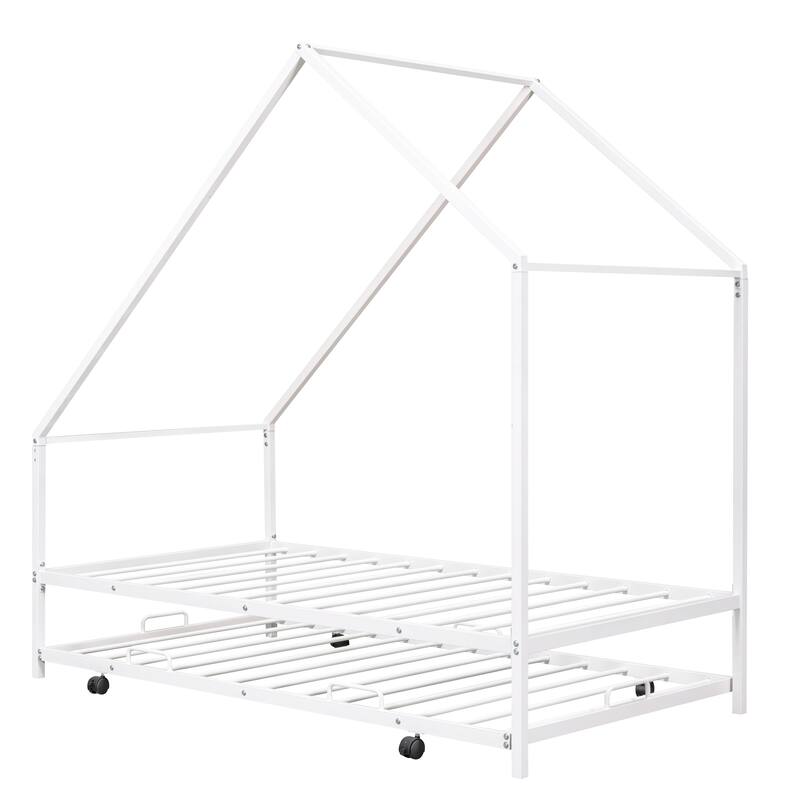 Kids Twin House Bed with Pull-Out Trundle, Metal Frame, Easy Assembly
