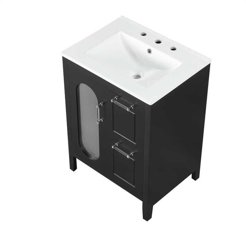 Bathroom Vanity with Sink, Vanity Set with Glass Door and 2 Drawers, Wooden Bathroom Cabinet with Adjustable Shelf