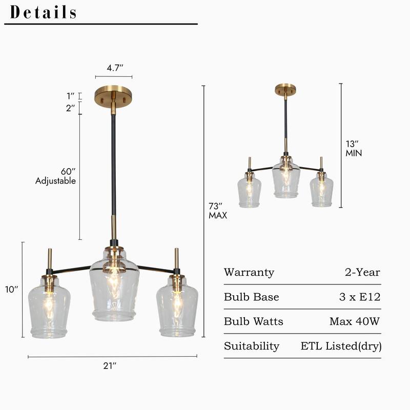 Modern Farmhouse 3/5-Light Black Gold Chandelier Clear Glass Kitchen Island Pendant Lighting for Dinning Room