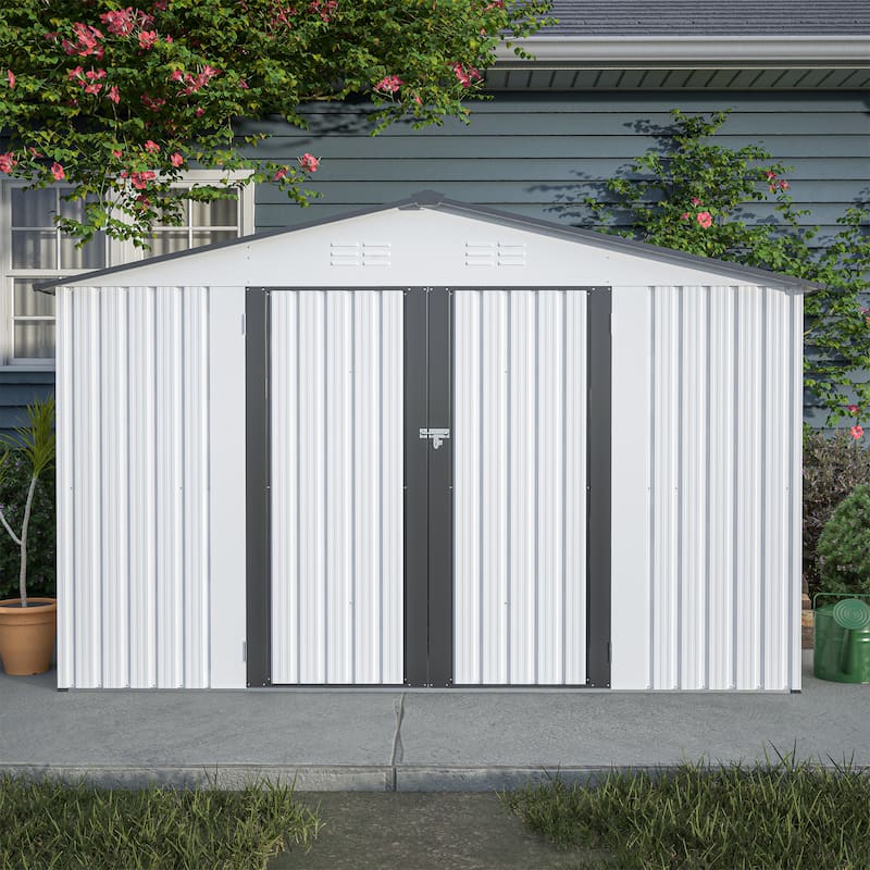 GDFStudio - Evelyn Spacious Outdoor Waterproof Tool Storage Shed with Durable Metal Frame - White - 10X8 FT