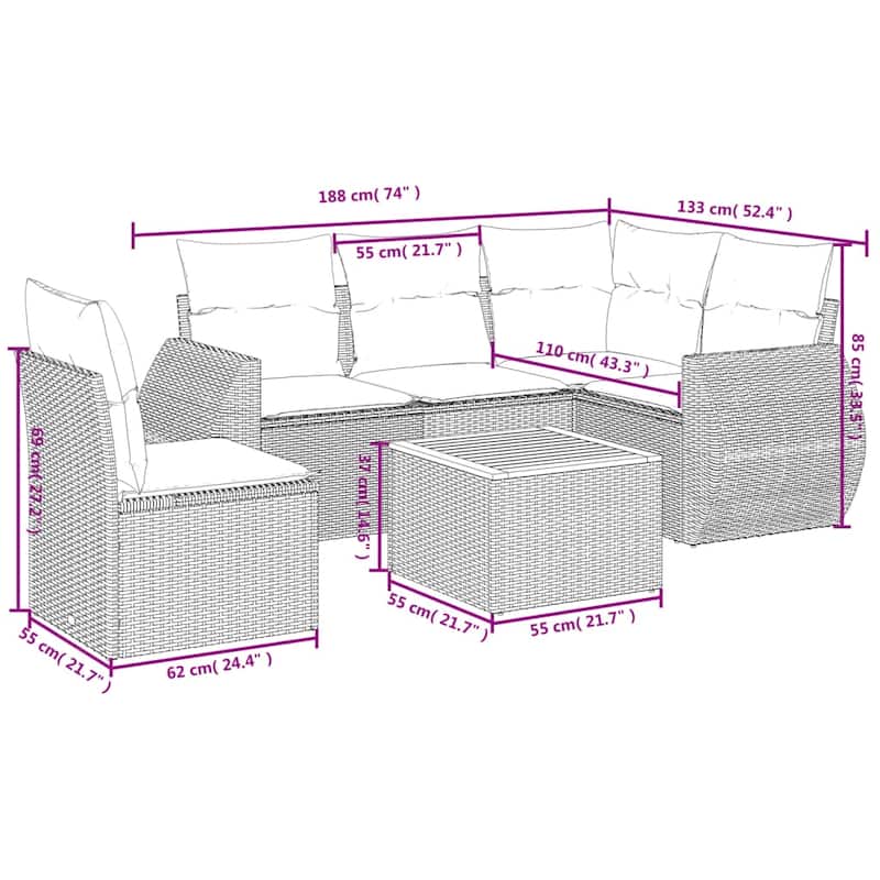 vidaXL 6 Piece Patio Sofa Set with Cushions Gray Poly Rattan
