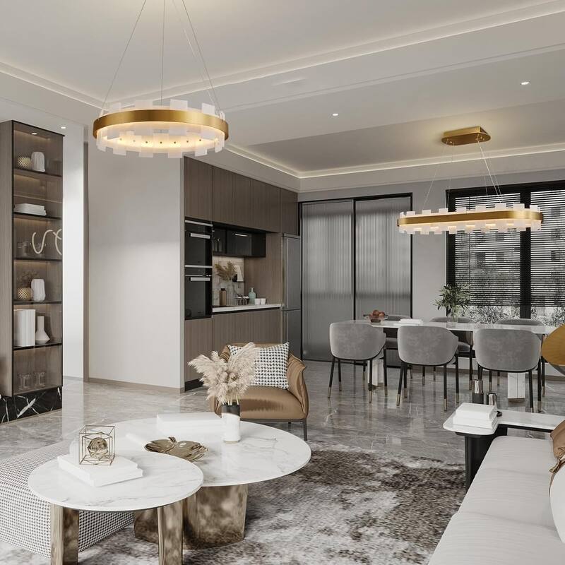 KAYLA Luxury Alabaster Chandelier, 37.4 in. Modern Integrated LED Gold Pendant Light for Entryway, Living Room & Foyer