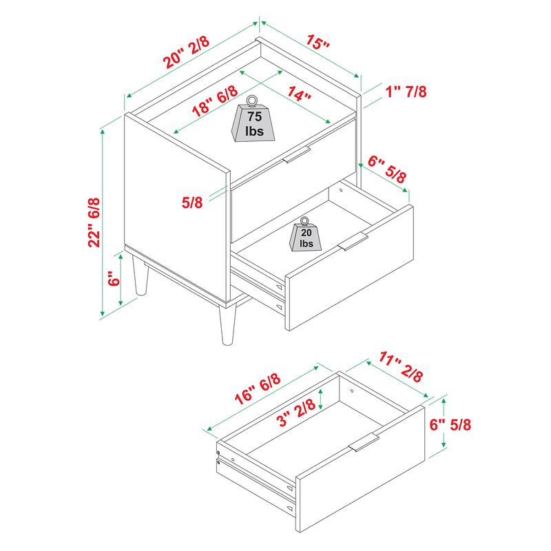 Mid-Century Modern Nightstand, Solid Wood with Two Drawers, Natural Pine