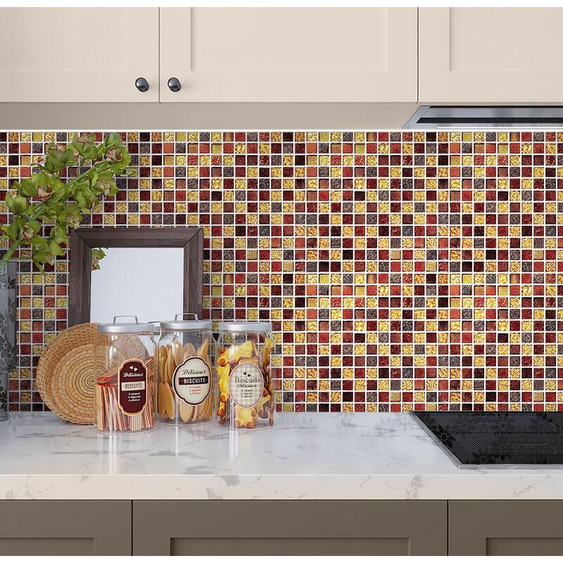 Apollo tile 12" x 12" Phoenix Glossy Foiled Gold Red Glass Resin Stone Tile (4.75 sq ft/case) - 5 Pack - Beige