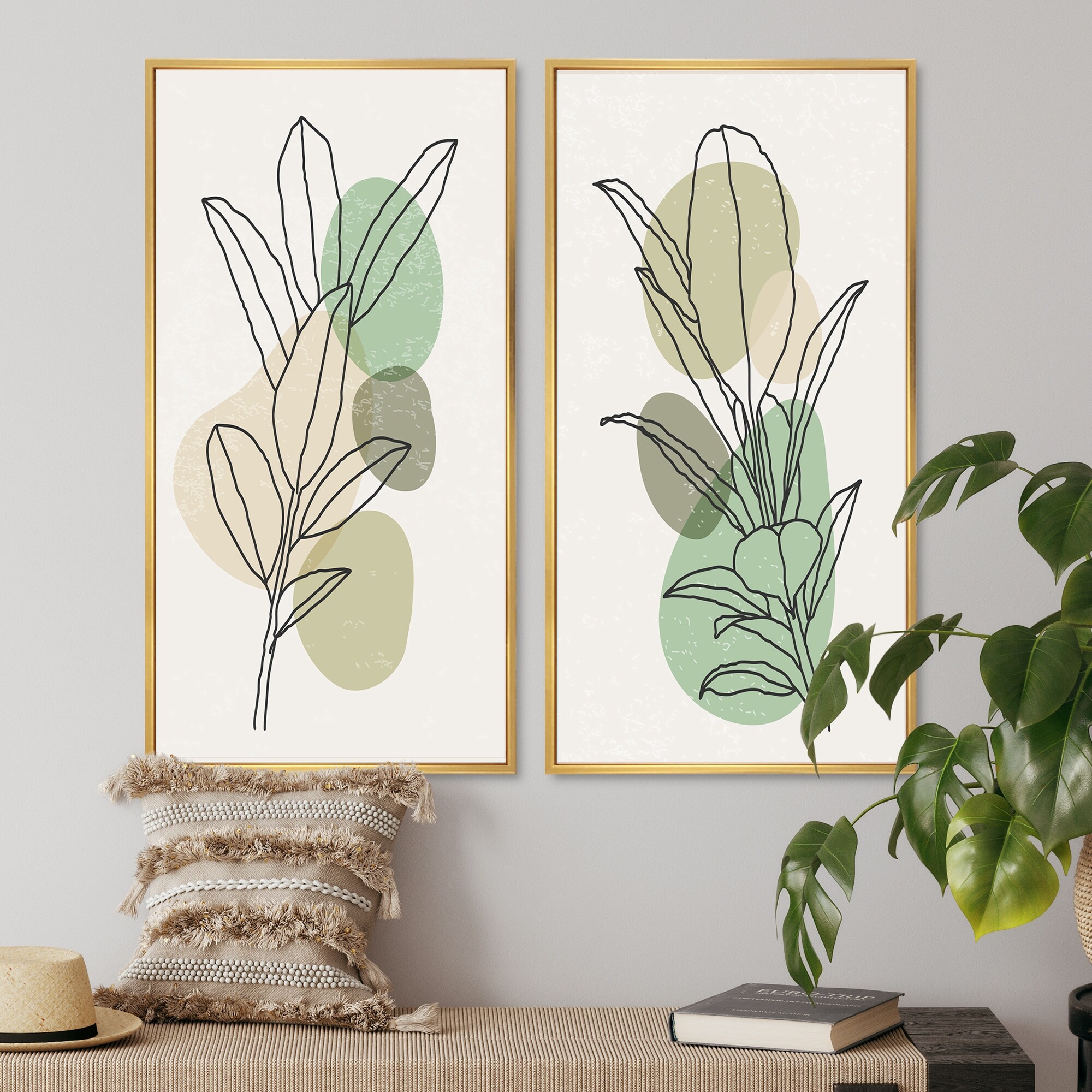 Designart "Green Botanical Abstract Leaves V" Geometric Framed Art Set of 2 Pieces