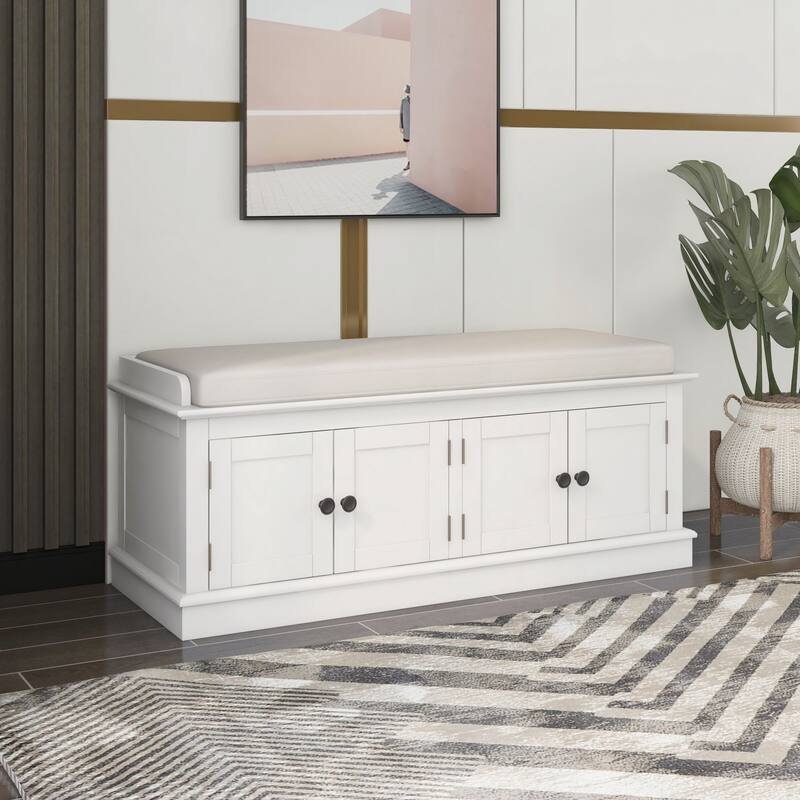 Storage Bench with 4 Doors and Adjustable Shelves, Shoe Bench with Removable Cushion for Living Room, Entryway - White
