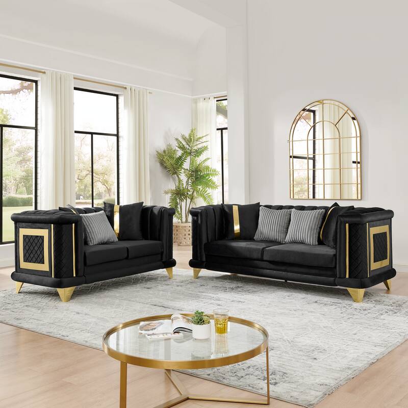 69 Inches Black Velvet Loveseat with Gold Stainless Steel Trims and Embroidered Texture
