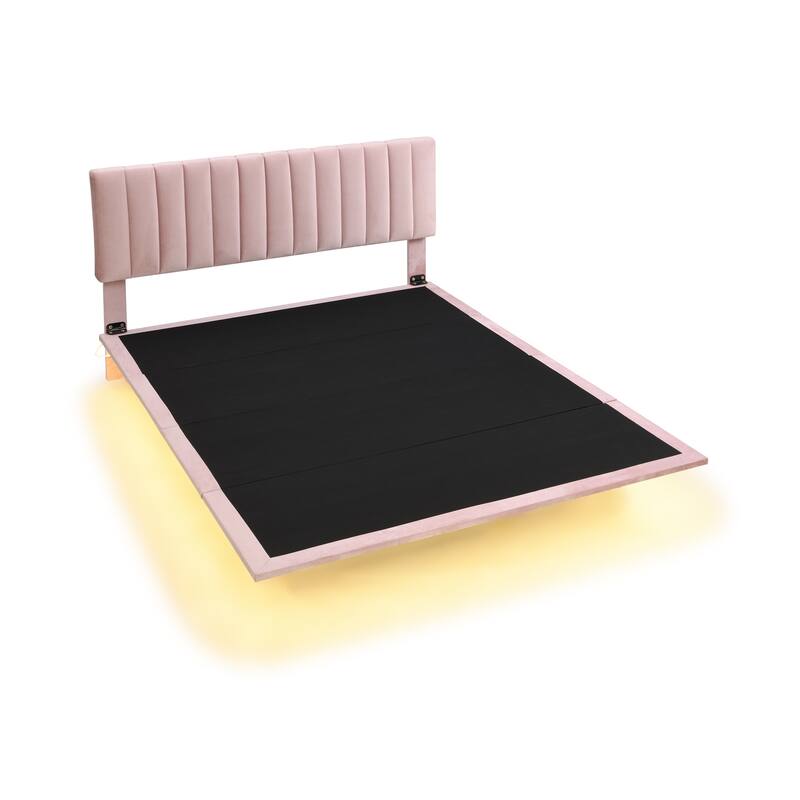 Queen Upholstered Velvet Bed with Sensor Light and Floating Frame - Modern Platform Bed with Headboard, No Box Spring Required